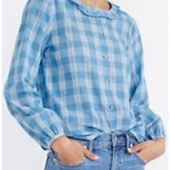 Madewell Tops - Madewell Womens Button Down Shirts Ruffle Collar Colwell Blue Plaid Size XL